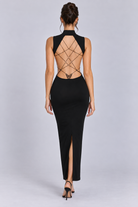 FOVIER High Neck Lattice Open Back Maxi Dress in Black, back view