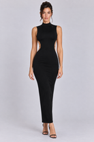 FOVIER High Neck Lattice Open Back Maxi Dress in Black, front view