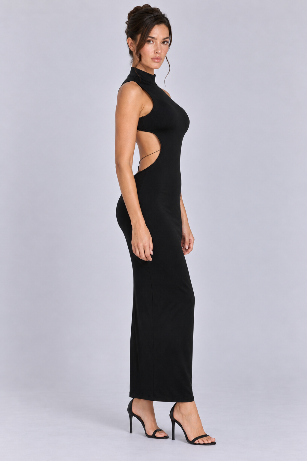 FOVIER High Neck Lattice Open Back Maxi Dress in Black, side view