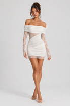 FOVIER Off Shoulder Lace Panel Ruched Mini Dress in White, front view