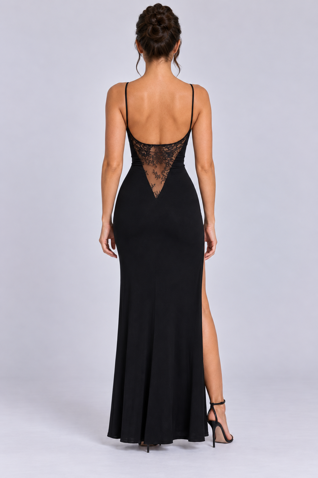 Black lace back high slit maxi dress, back view