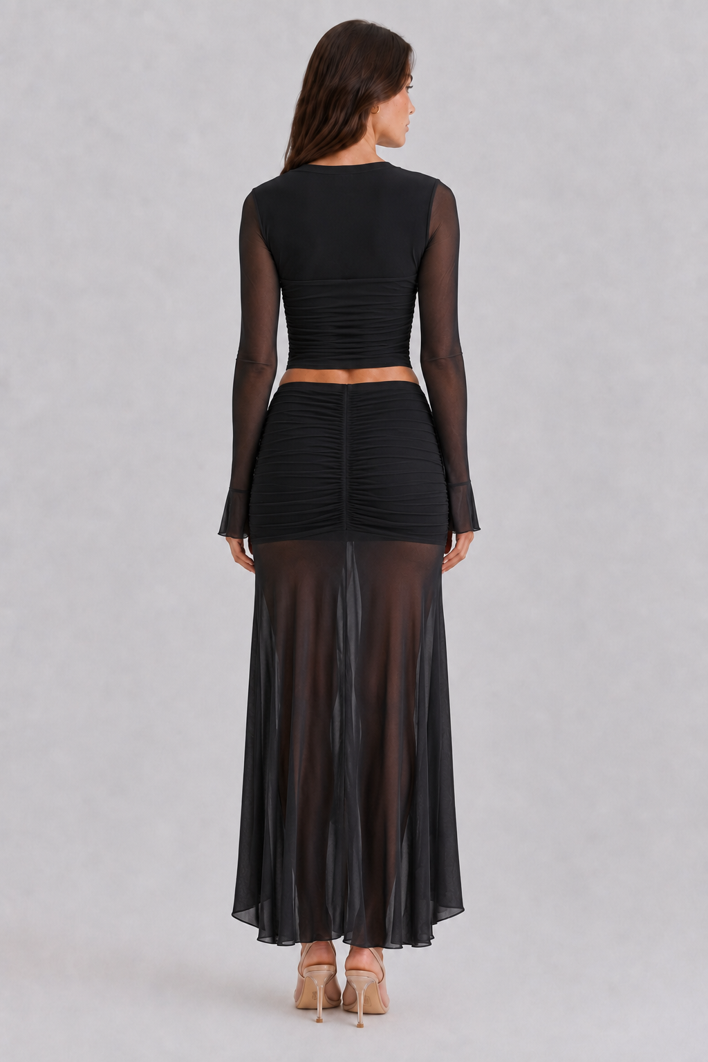 Black two piece skirt set rear view with sheer mesh panels