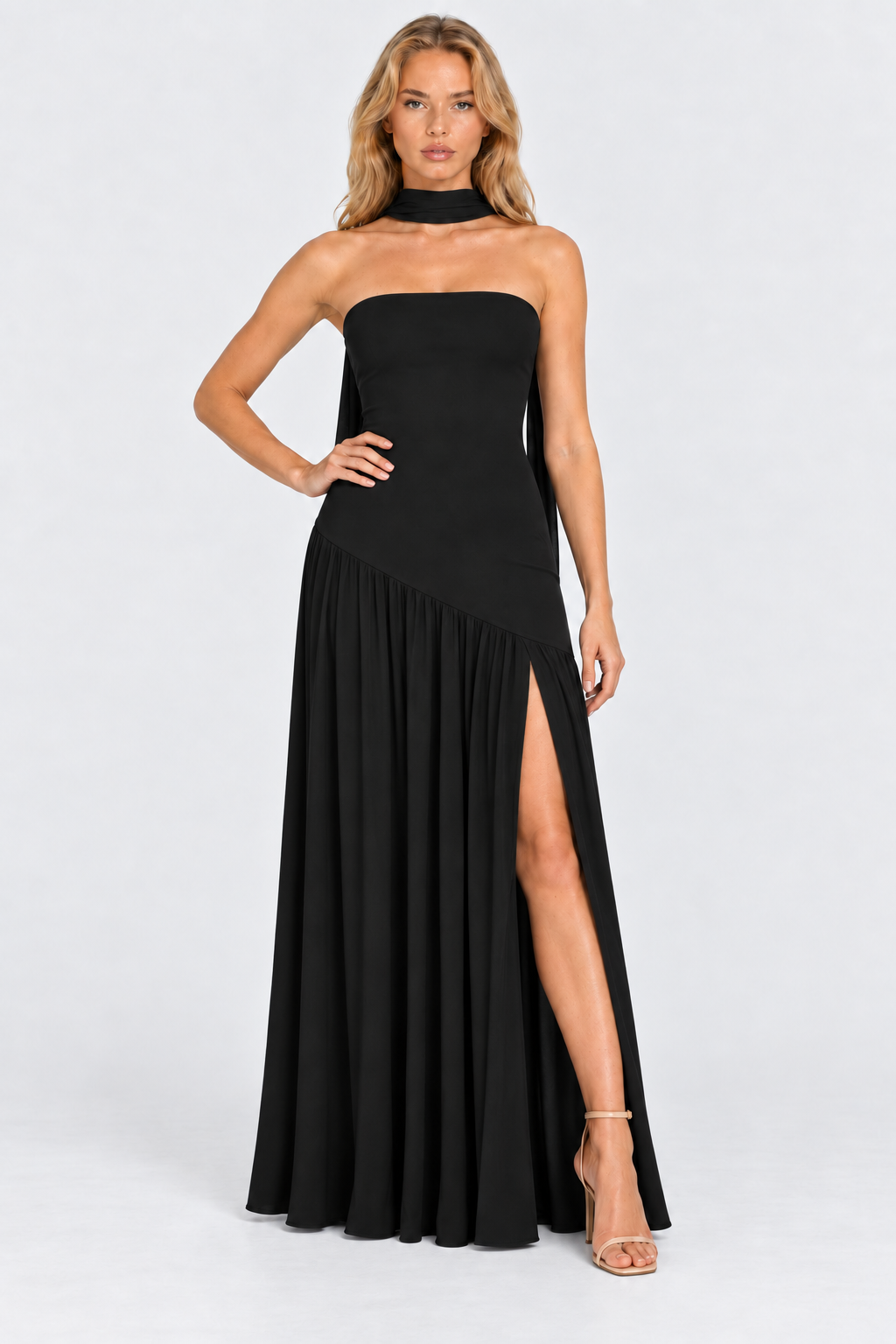 Black strapless asymmetric waist split maxi dress, front view
