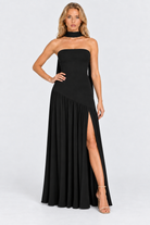 Black strapless asymmetric waist split maxi dress, front view