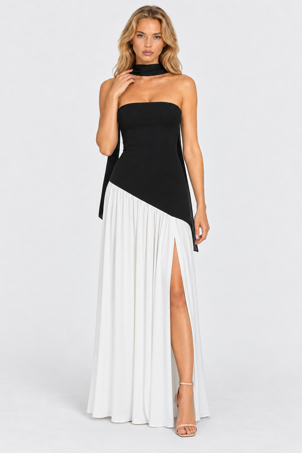 Black/White strapless asymmetric waist split maxi dress, front view