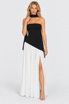 Black/White strapless asymmetric waist split maxi dress, front view