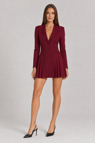 Burgundy pleated long sleeve blazer mini dress, front view