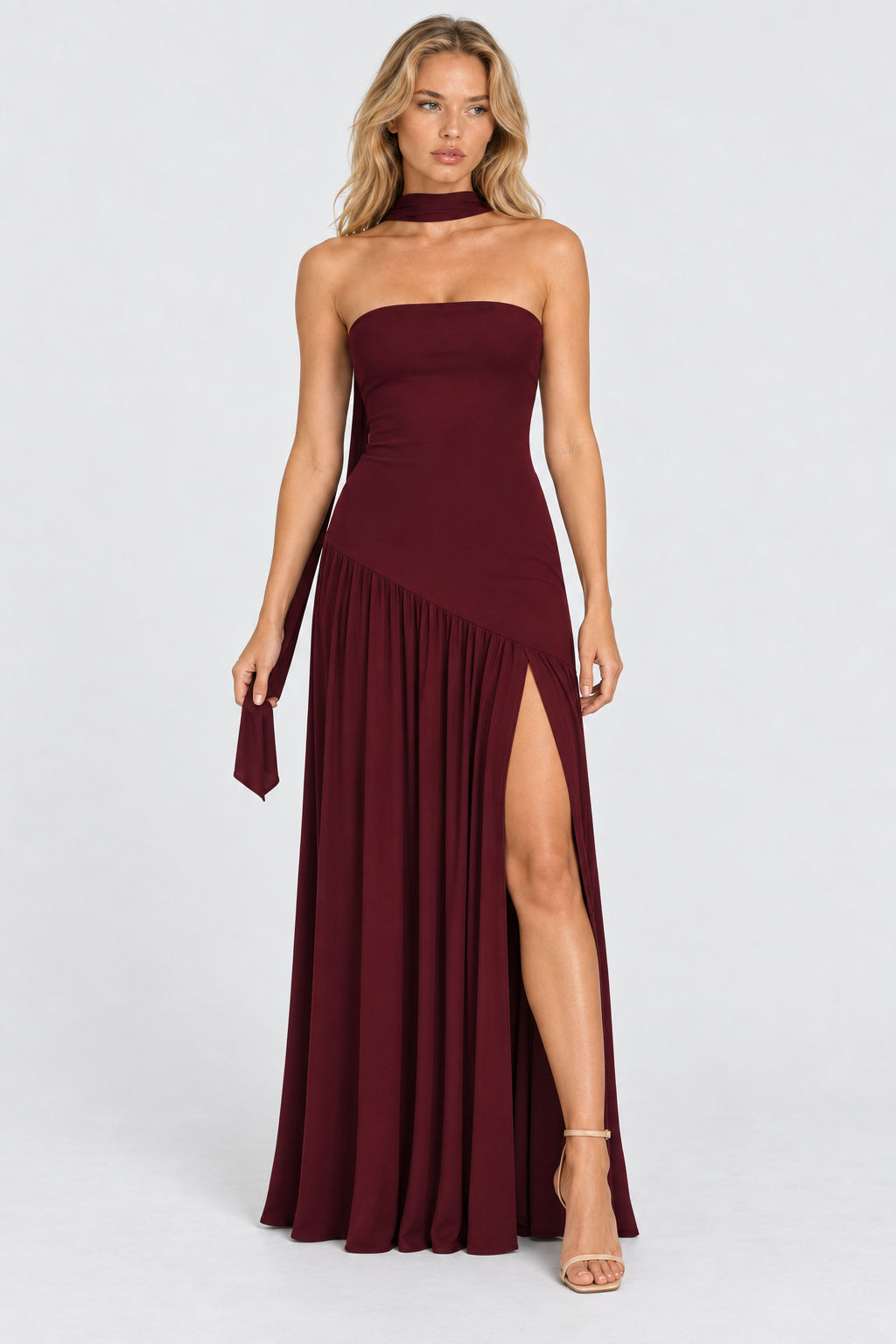 Burgundy strapless asymmetric waist split maxi dress, front view