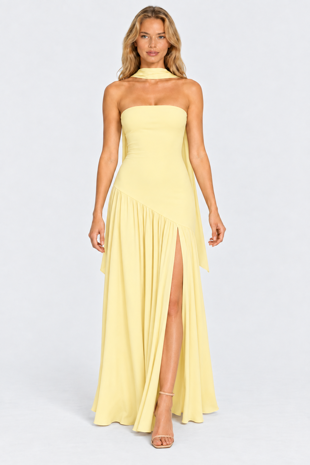 Butter strapless asymmetric waist split maxi dress, front view