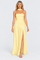 Butter strapless asymmetric waist split maxi dress, front view