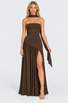 Chocolate strapless asymmetric waist split maxi dress, front view