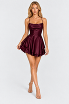 FOVIER Cowl Neck Tiered Ruffle Mini Dress in Burgundy - front view