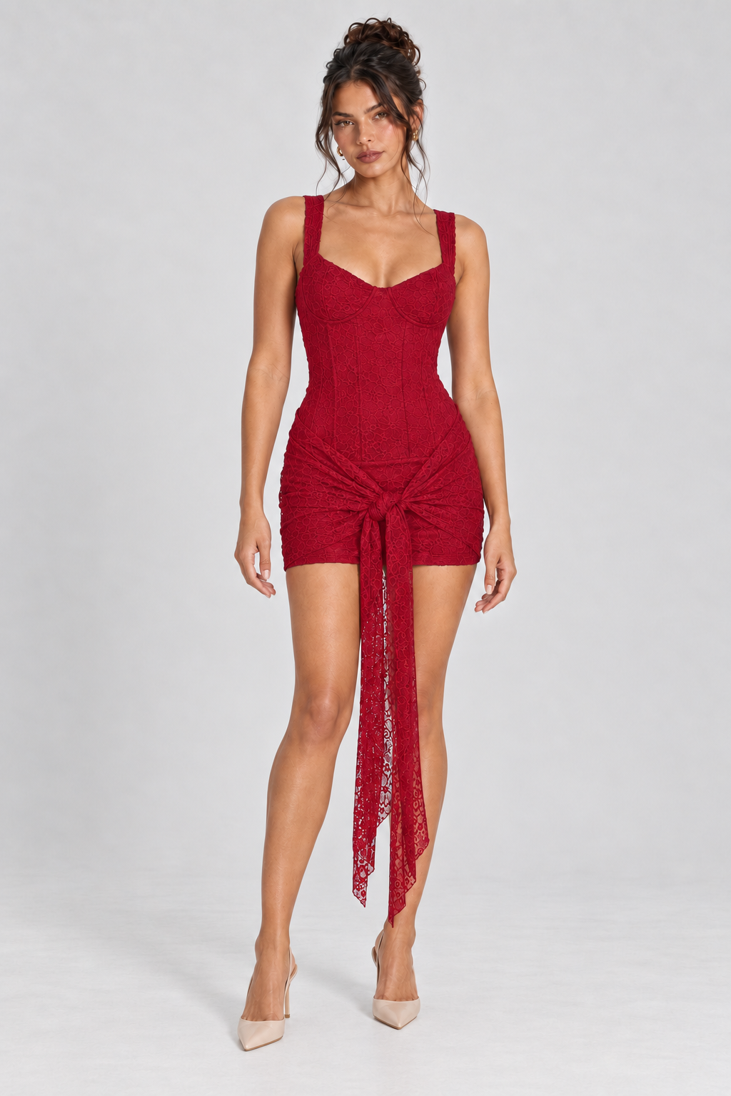 Crimson tie front lace sweetheart mini dress, front view