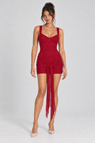 Crimson tie front lace sweetheart mini dress, front view