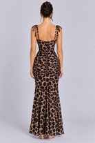 FOVIER Leopard Tie Strap Ruched High Slit Maxi Dress in Brown/Black - back view