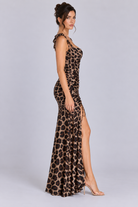 FOVIER Leopard Tie Strap Ruched High Slit Maxi Dress in Brown/Black - side view
