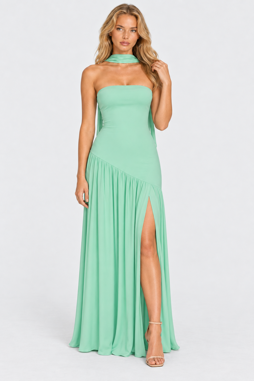Mint strapless asymmetric waist split maxi dress, front view