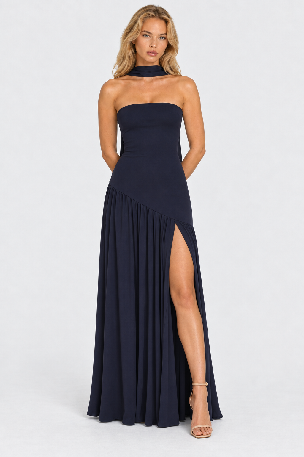 Navy strapless asymmetric waist split maxi dress, front view