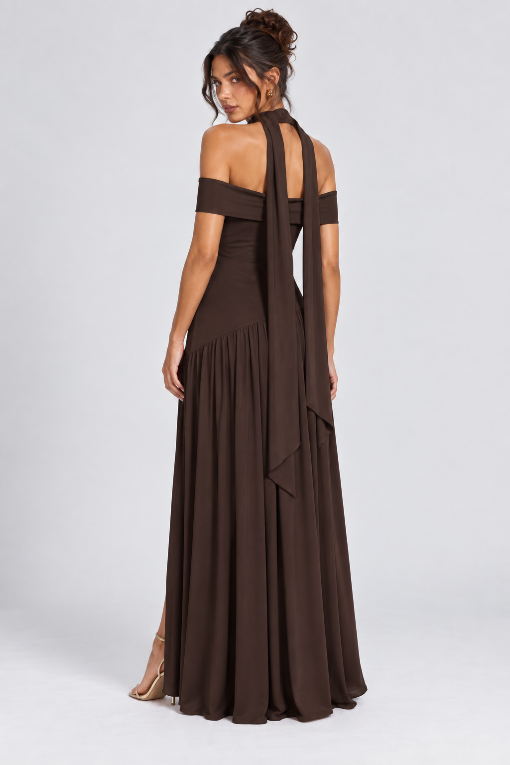 FOVIER Off Shoulder Drop Waist High Slit Maxi Dress in Chocolate - back view