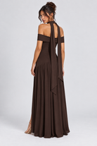 FOVIER Off Shoulder Drop Waist High Slit Maxi Dress in Chocolate - back view