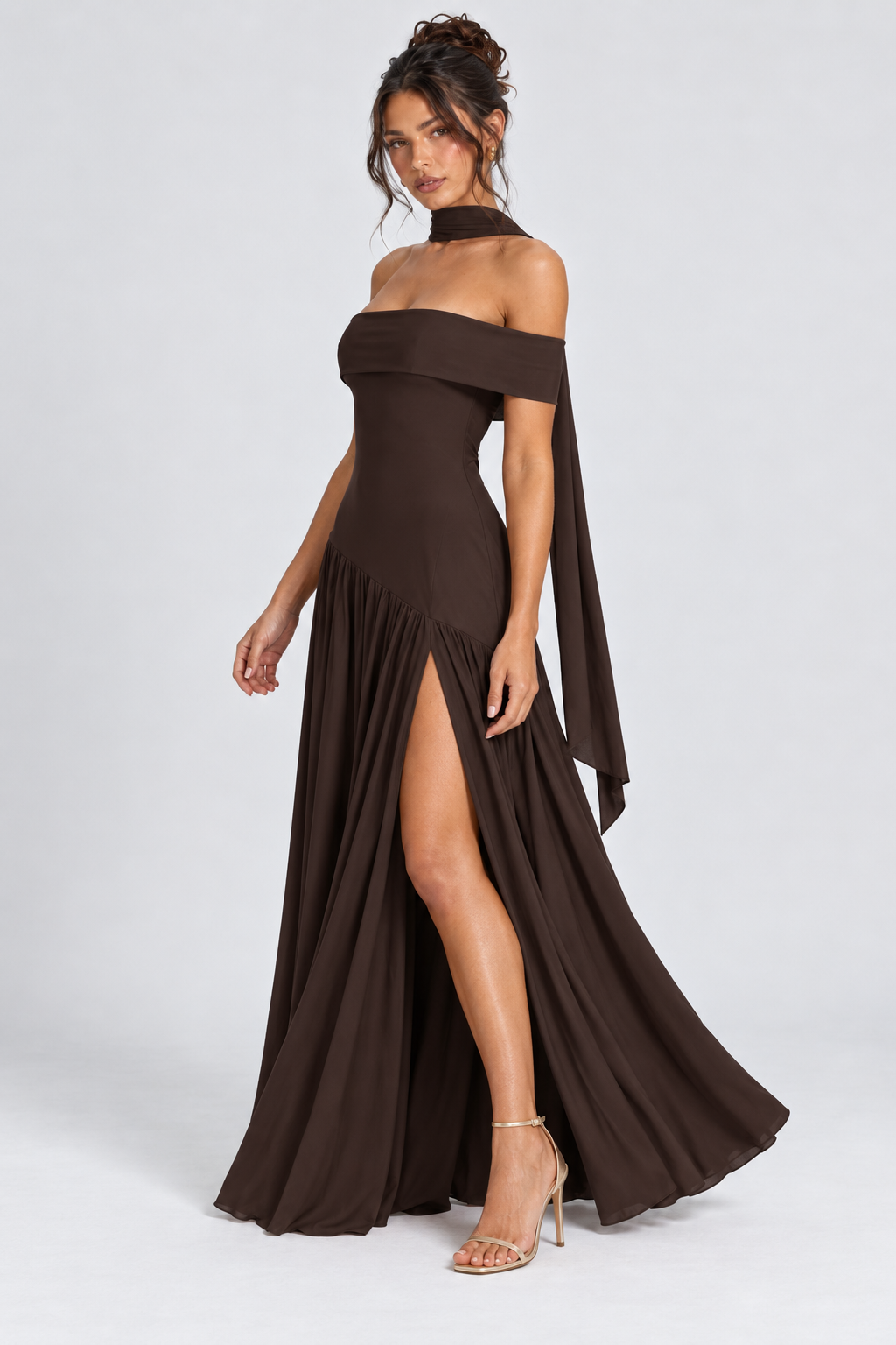 FOVIER Off Shoulder Drop Waist High Slit Maxi Dress in Chocolate - three-quarter front view