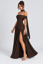 FOVIER Off Shoulder Drop Waist High Slit Maxi Dress in Chocolate - three-quarter front view
