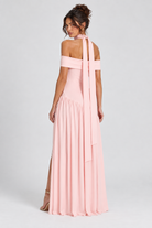 FOVIER Off Shoulder Drop Waist High Slit Maxi Dress in Pink - back view