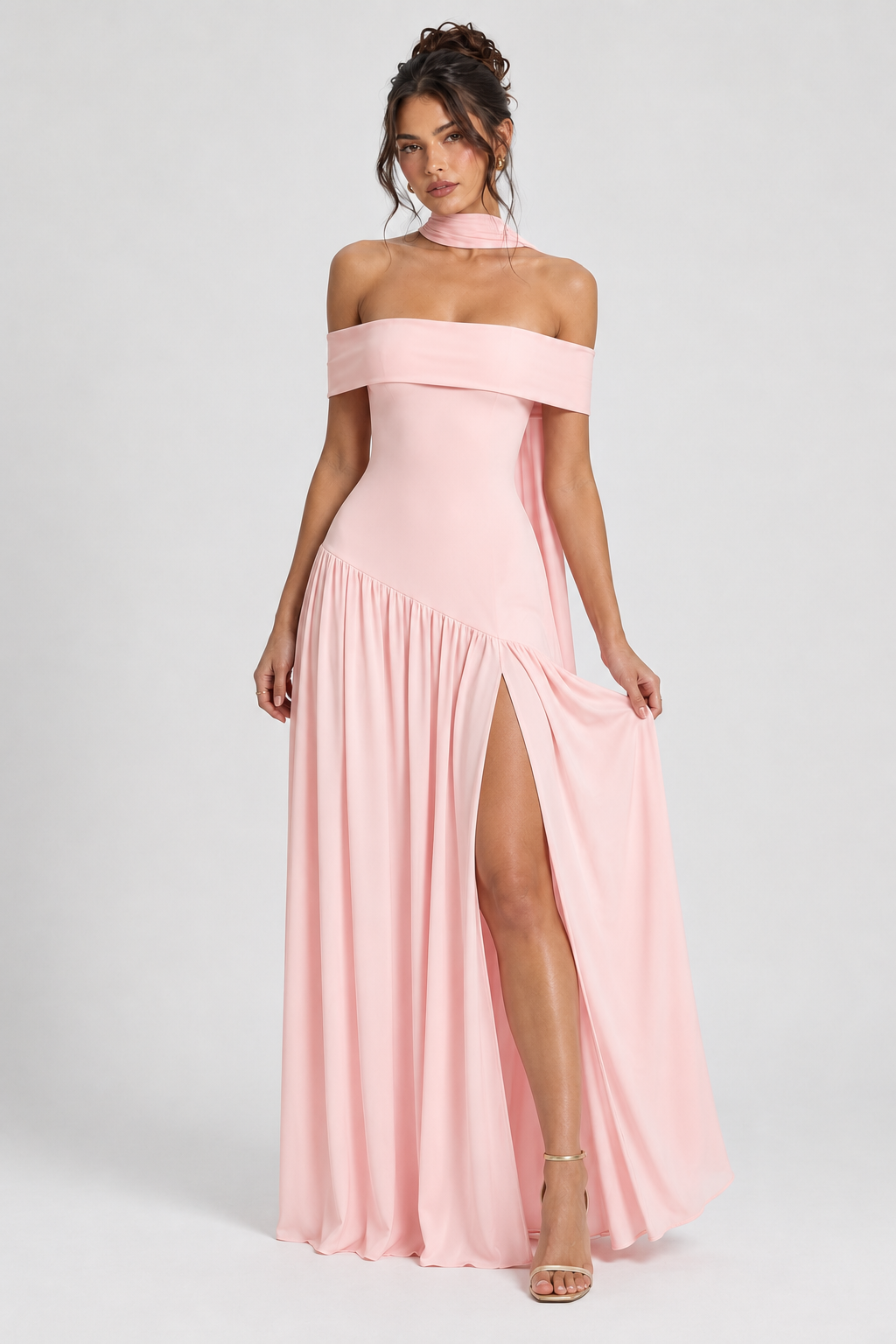 FOVIER Off Shoulder Drop Waist High Slit Maxi Dress in Pink - front view