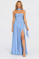 Sky Blue strapless asymmetric waist split maxi dress, front view