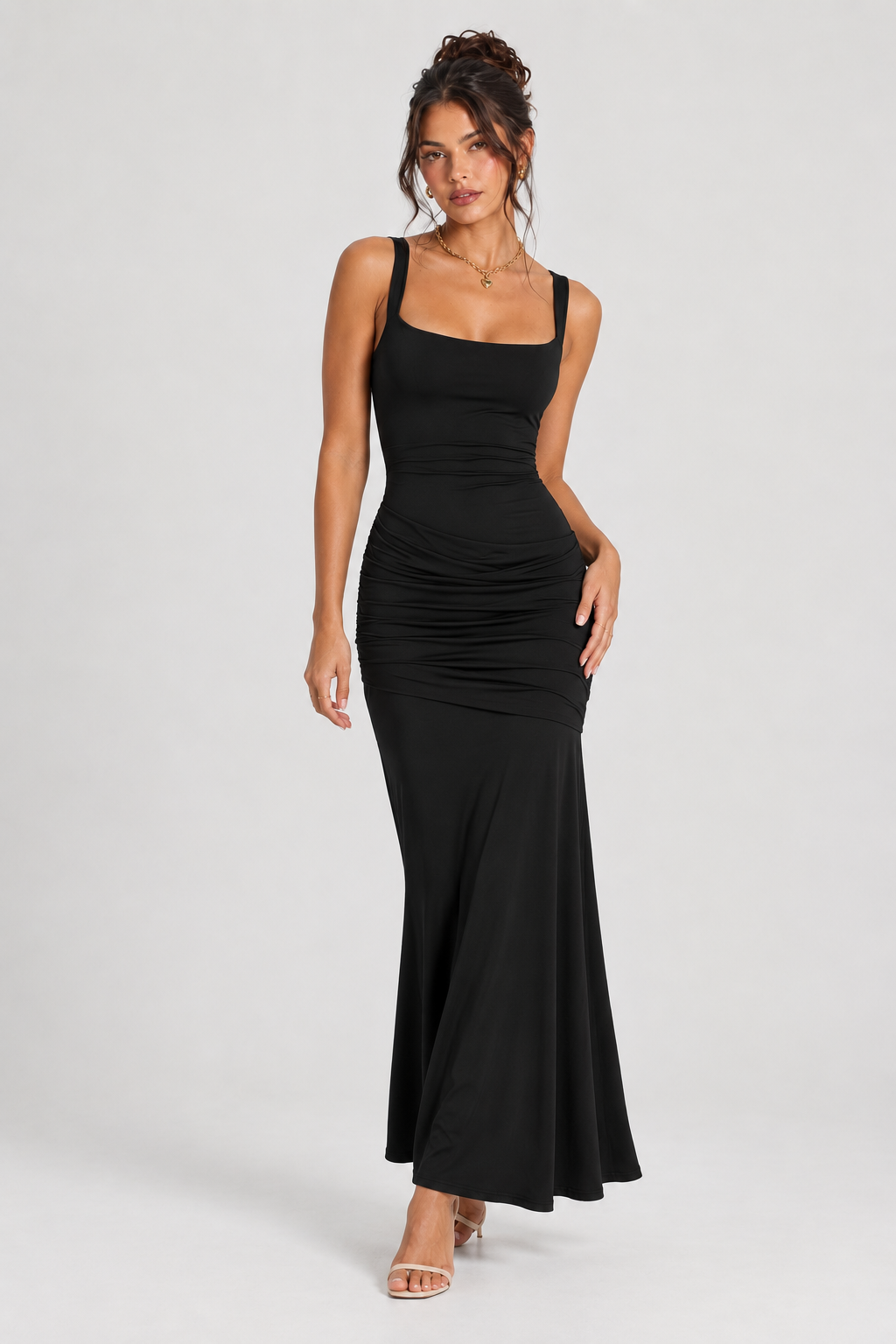 FOVIER Square Neck Ruched Fishtail Maxi Dress in Black - front view
