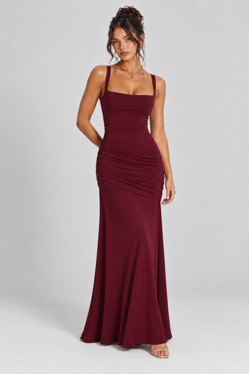 FOVIER Square Neck Ruched Fishtail Maxi Dress in Burgundy - front view