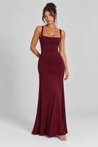 FOVIER Square Neck Ruched Fishtail Maxi Dress in Burgundy - front view