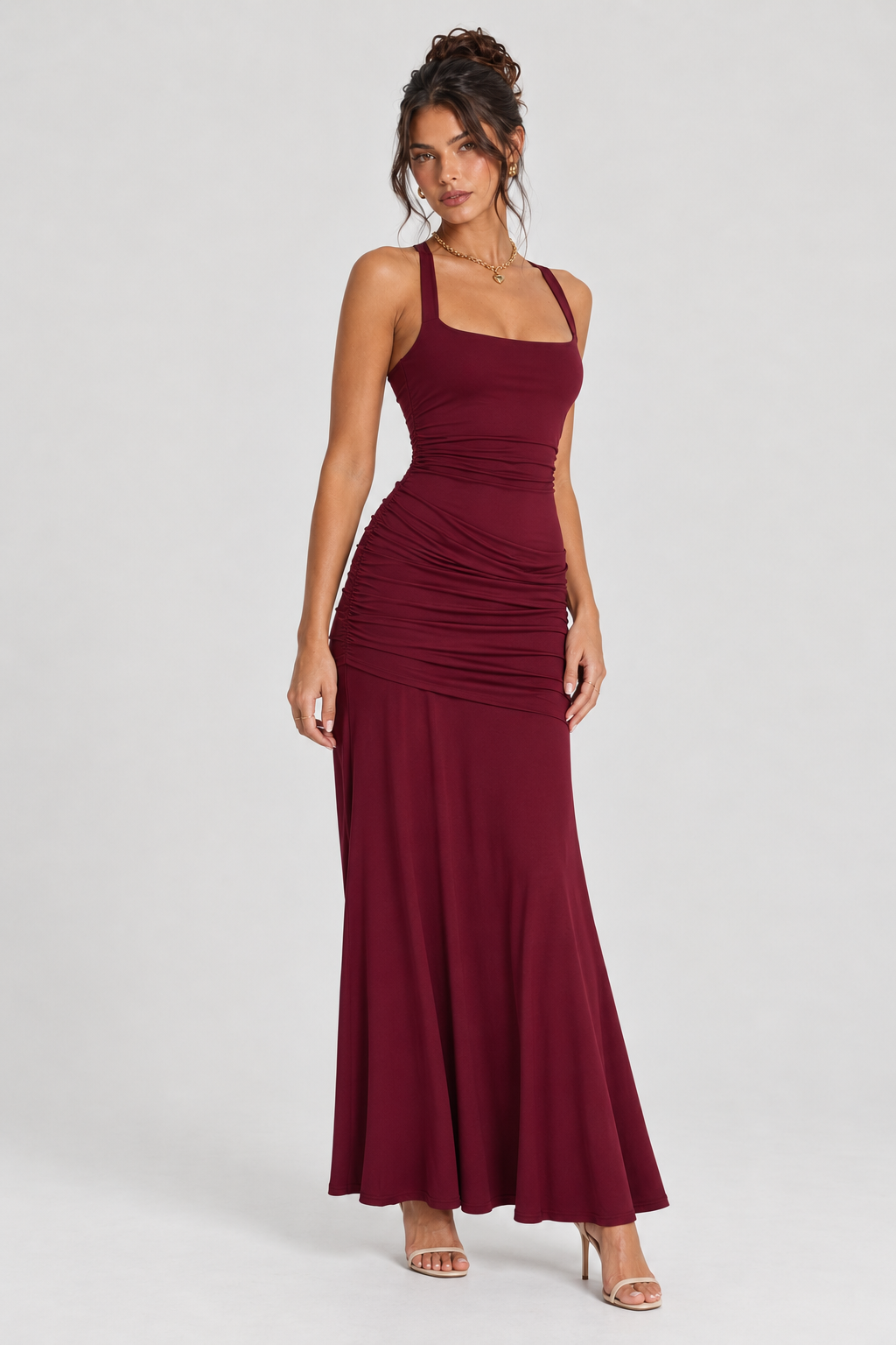 FOVIER Square Neck Ruched Fishtail Maxi Dress in Burgundy - three-quarter front view