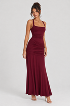 FOVIER Square Neck Ruched Fishtail Maxi Dress in Burgundy - three-quarter front view