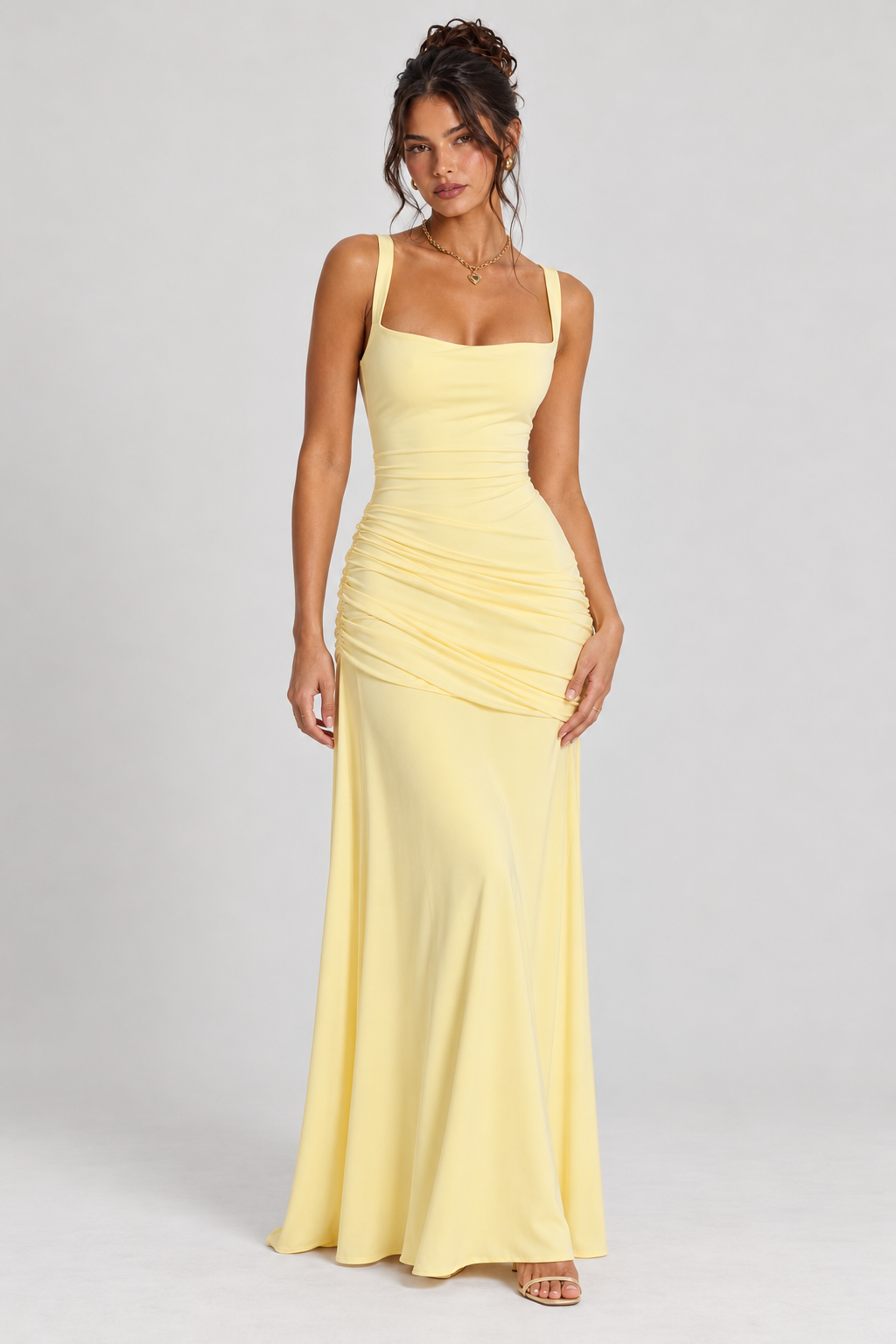 FOVIER Square Neck Ruched Fishtail Maxi Dress in Butter - front view