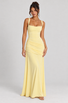FOVIER Square Neck Ruched Fishtail Maxi Dress in Butter - front view
