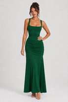 FOVIER Square Neck Ruched Fishtail Maxi Dress in Emerald - front view