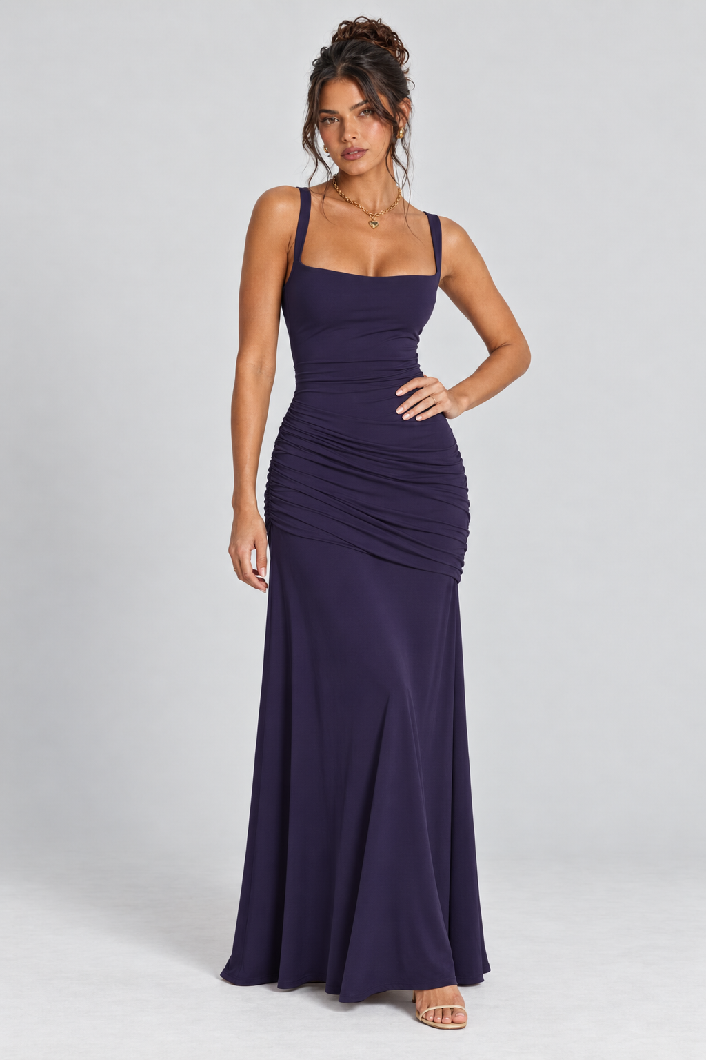 FOVIER Square Neck Ruched Fishtail Maxi Dress in Navy - front view