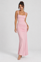 FOVIER Square Neck Ruched Fishtail Maxi Dress in Pink - front view