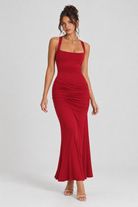 FOVIER Square Neck Ruched Fishtail Maxi Dress in Red - front view