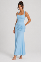 FOVIER Square Neck Ruched Fishtail Maxi Dress in Sky Blue - three-quarter front view