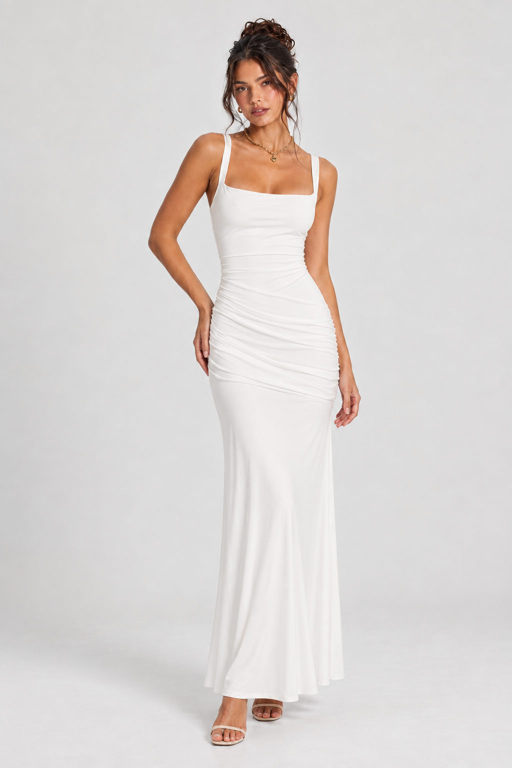 FOVIER Square Neck Ruched Fishtail Maxi Dress in White - front view