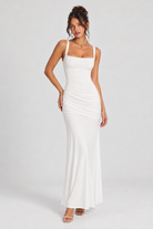 FOVIER Square Neck Ruched Fishtail Maxi Dress in White - front view