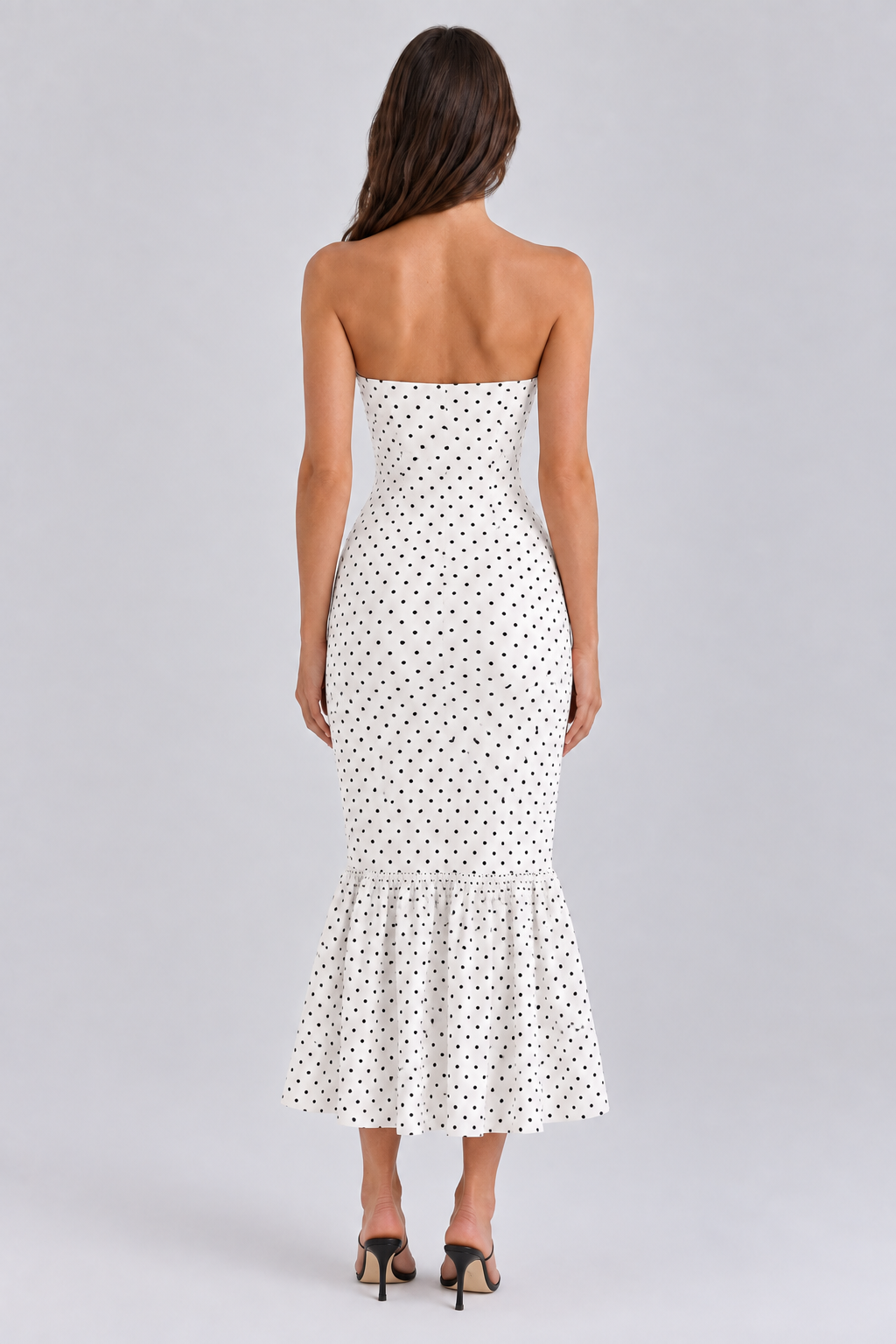 FOVIER Strapless Polka Dot Fishtail Midi Dress in Black/White - back view
