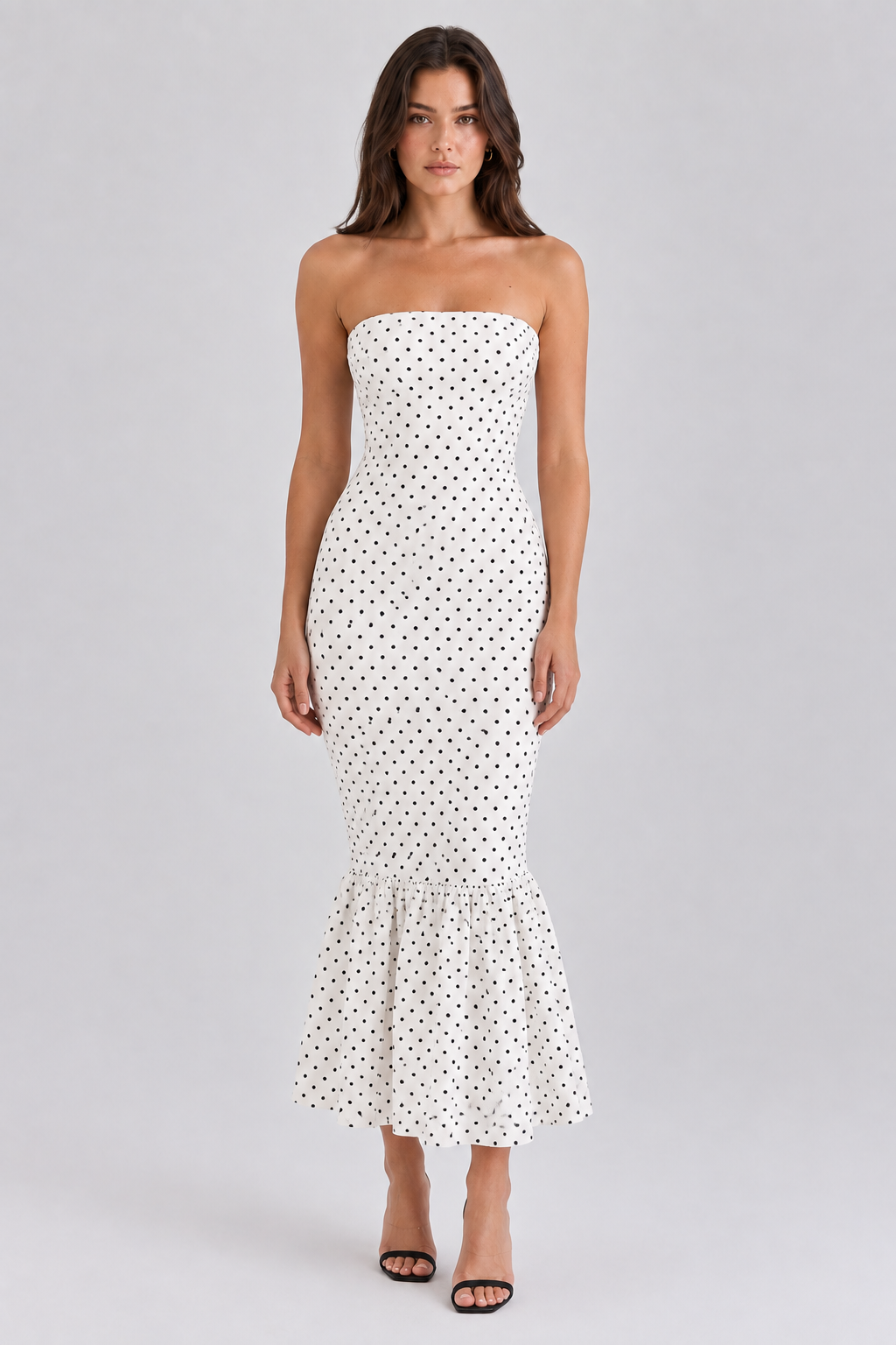 FOVIER Strapless Polka Dot Fishtail Midi Dress in Black/White - front view