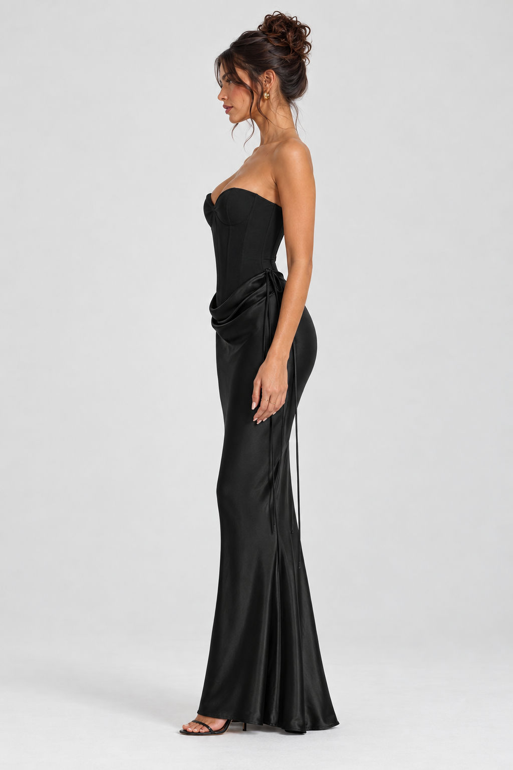 FOVIER Sweetheart Draped Waist Strapless Maxi Dress in Black - side view