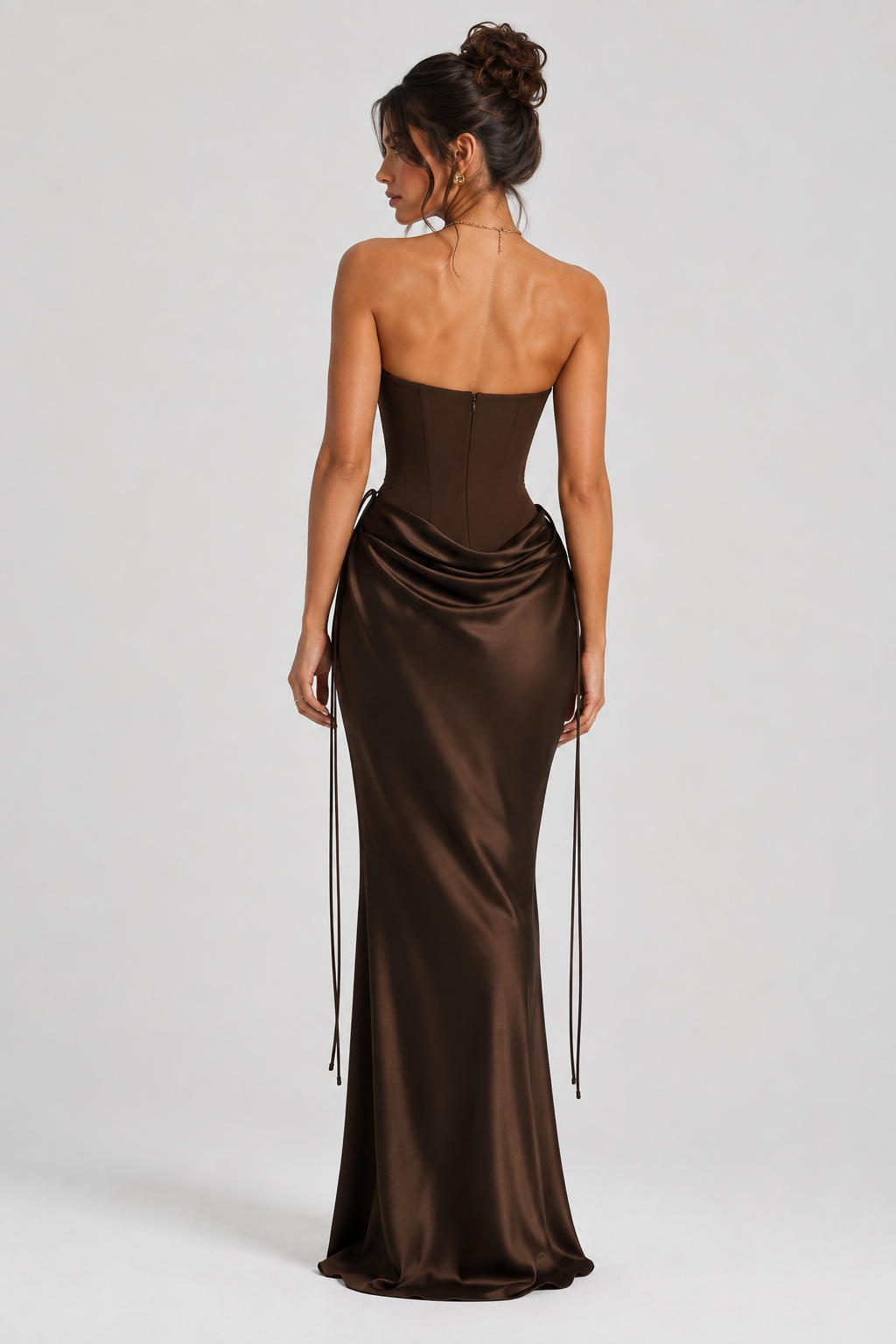 FOVIER Sweetheart Draped Waist Strapless Maxi Dress in Chocolate - back view