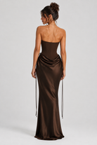 FOVIER Sweetheart Draped Waist Strapless Maxi Dress in Chocolate - back view