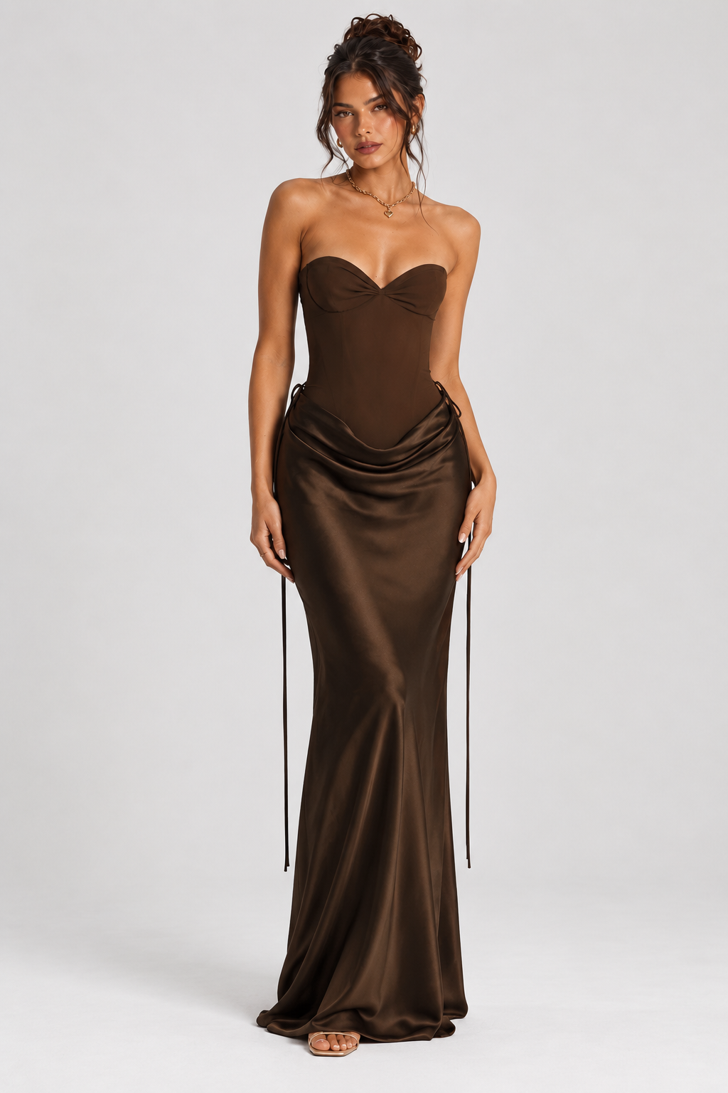 FOVIER Sweetheart Draped Waist Strapless Maxi Dress in Chocolate - front view