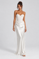 FOVIER Sweetheart Draped Waist Strapless Maxi Dress in White - front view